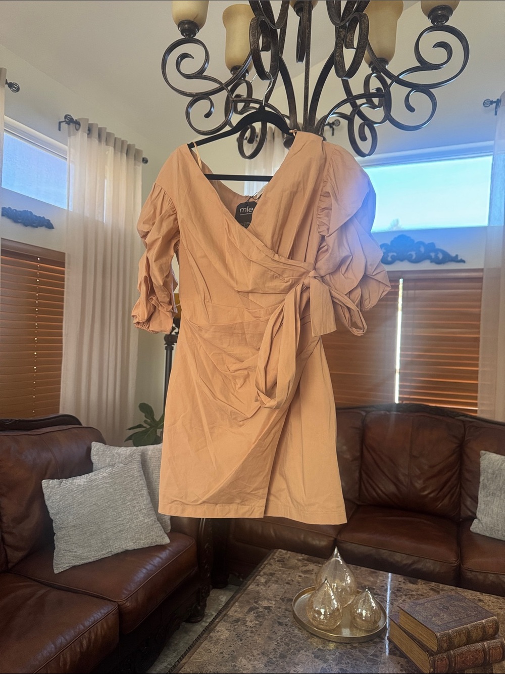 Astr Peach Tie-Waist Mini Dress with Puff Sleeves